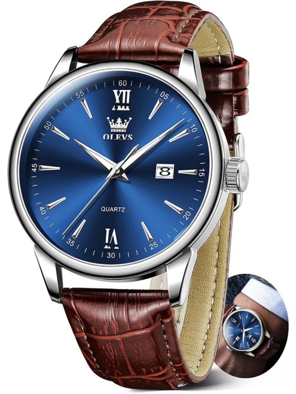 Men's Blue Brown Leather Band Waterproof Relog Para Hombres Classic Wrist Watch